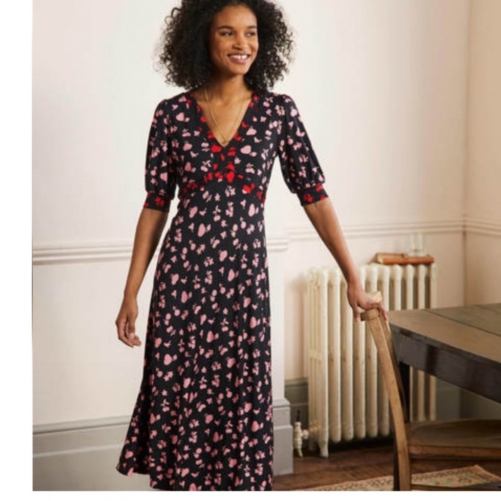 Boden Black Formica Woodland Bud Empire Waist Midi Dress Pink Red Floral 2